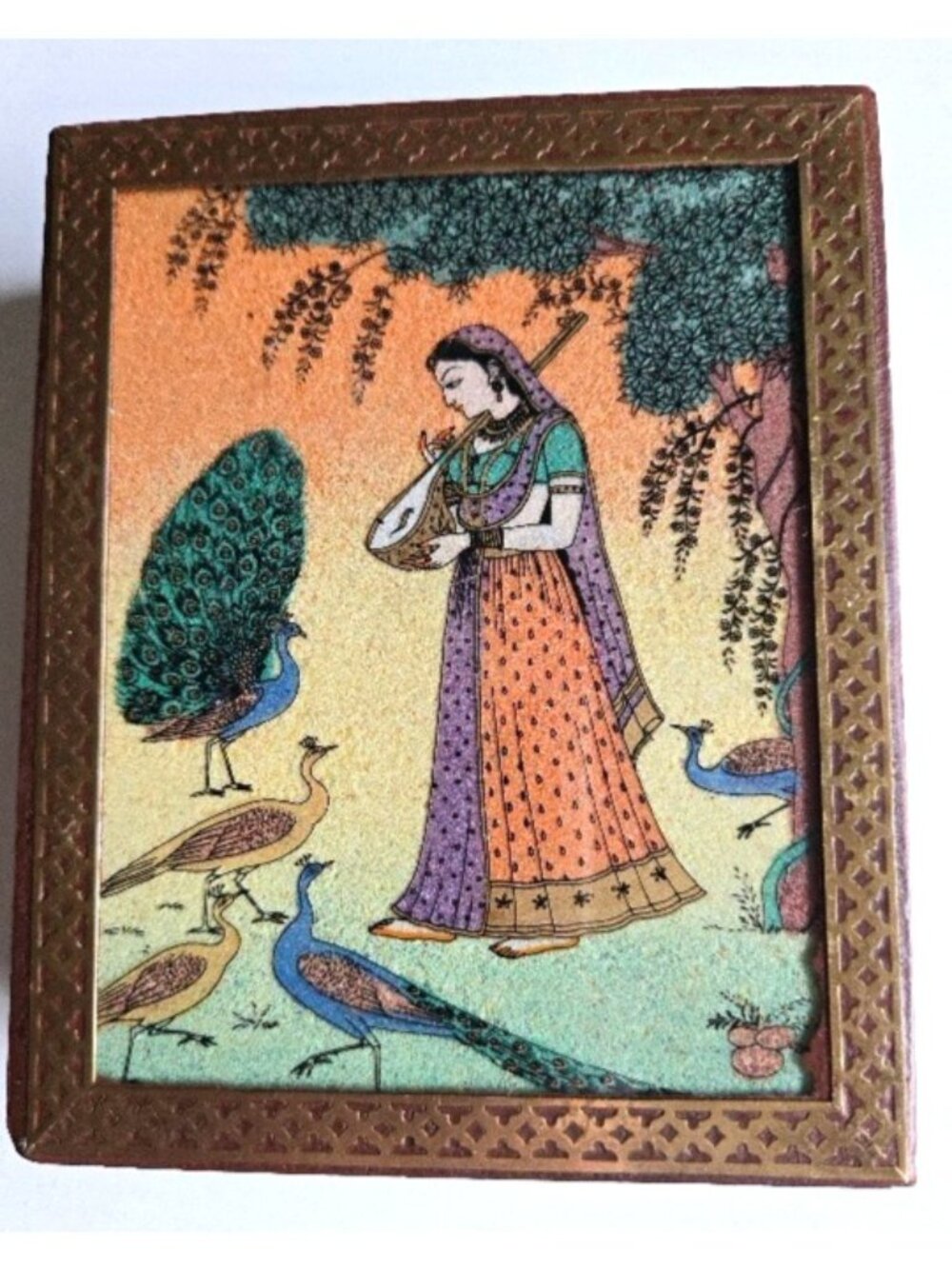 Handmade Indian Shisham Peacock's Lady Wood Trinket Box w/Red Fabric Lining
